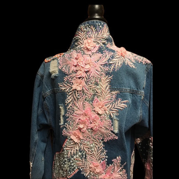 Pink Crystal Pearl Flower Embellished Distressed Jean Duster - Picture 4 of 14